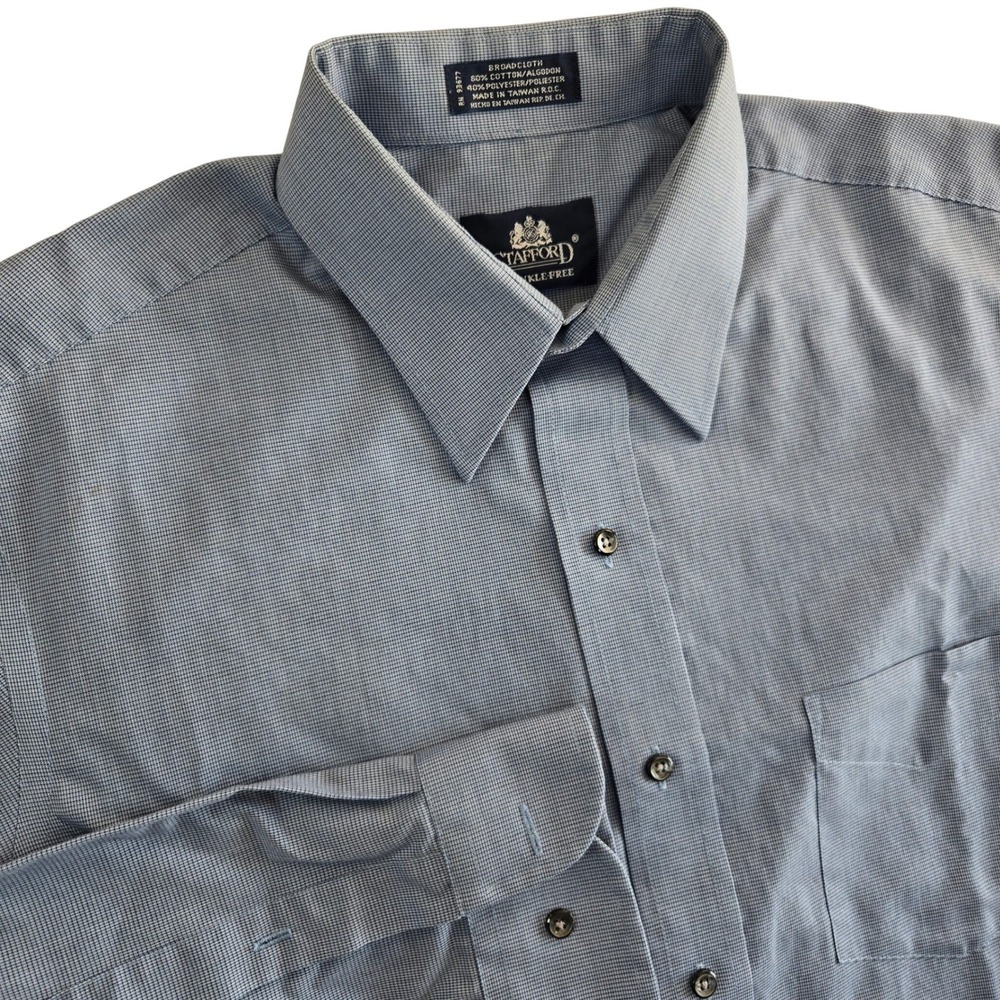 Stafford Mens 16 32/33 Wrinkle‎ Free Shirt Broadcloth Blue Mini Print Preppy - Picture 2 of 8